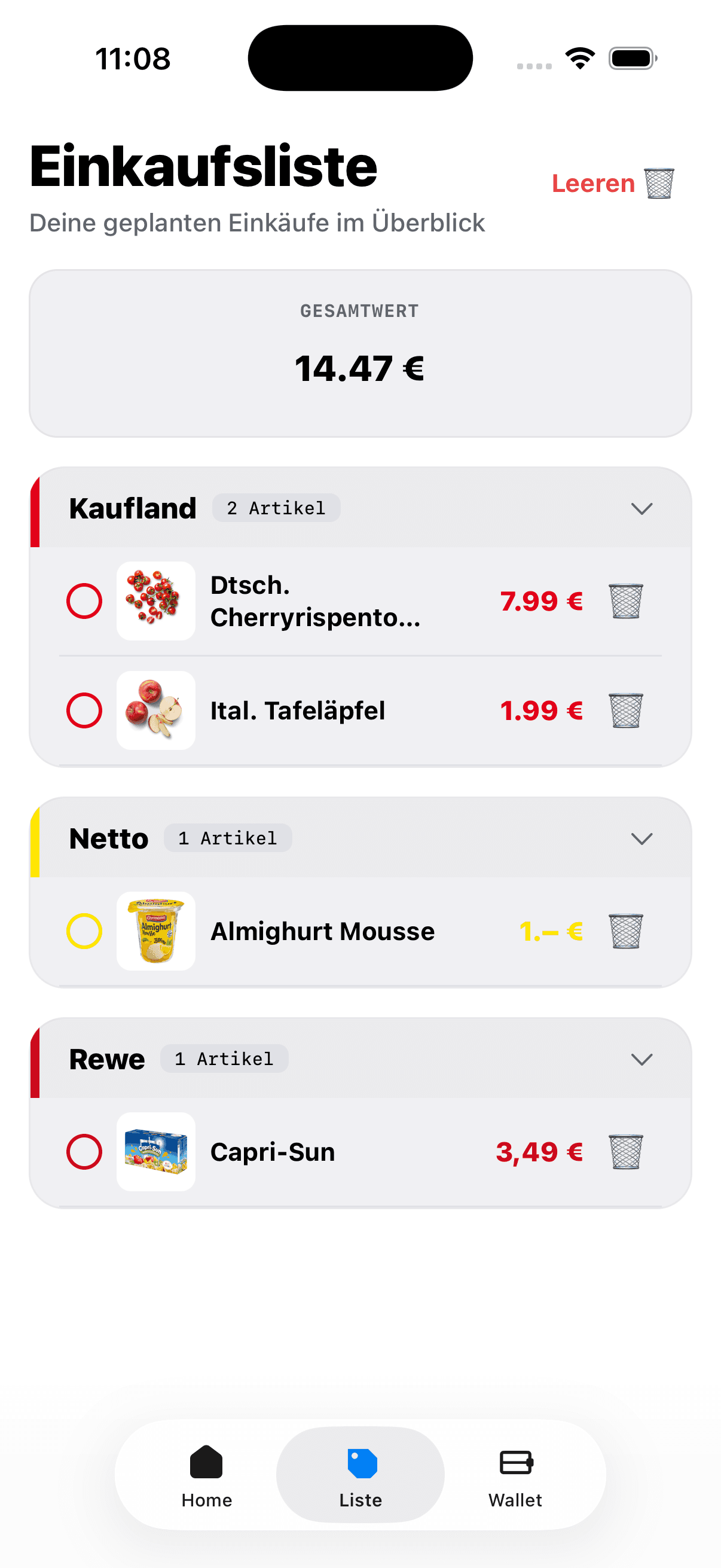 Einkaufsliste nach Supermarkt